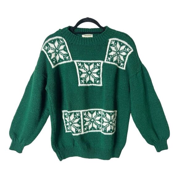 Woman’s Hand Knit Green Snowflake Balloon Sleeve Mock Neck Oversized Sweater. - Picture 1 of 6